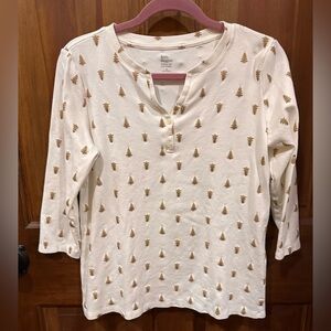 Kim‎ Roger's NWOT Women's Henley Cream with Gold Tree Print Top - M